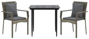 3 pcs conj. jantar p/ jardim c/ almofadões vime PE preto/cinza