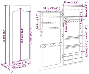 Móvel para joias de parede espelhado 37,5x10x90 cm preto