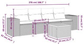 5 pcs conjunto sofás de jardim c/ almofadões vime PE cinzento