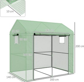 Estufa de jardim 200 C x 140 L x 200 A cm com 2,8 m², com 1 porta enrolável grande e 2 janelas, verde