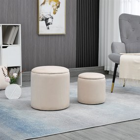Conjunto de 2 pufes/bancos/apoios para os pés com baú de arrumação em tecido com aspeto de veludo canelado, Ø40 cm e Ø30 cm, creme
