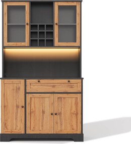 Coluna de cozinha com vitrine, cinco portas, uma gaveta, prateleiras ajustáveis, 105x40x180 cm, Cor natural| AOSOM Portugal