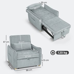 Poltrona convertível de 1 lugar 3 em 1, poltrona-cama clic-clac em tecido chenille, assento largo e encosto ajustável, 88x84x87 cm, cinzento