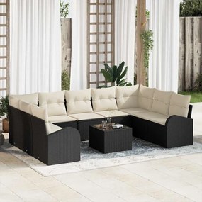 vidaXL Conjunto de Sofás de Jardim de 9 Peças com Almofadas Pretas e Cremes de Rattan Poliéster