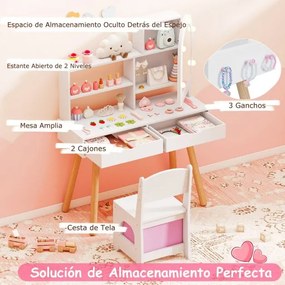Toucador para crianças com 3 modos de iluminação colorida Brilho ajustável Estantes abertas e gavetas Branco