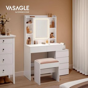 Penteadeira com iluminação LED VASAGLE, espelho, gavetas, compartimentos abertos, prateleiras ajustáveis, banqueta, brilho ajustável, moderna, branco nuvem RDT125W01