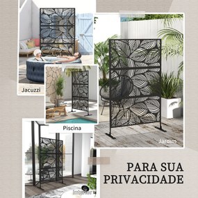 Biombo de Exterior Separador de Ambientes com 3 Peças com Padrão de Flores Grande e Estrutura de Aço 122x45x198 cm Preto