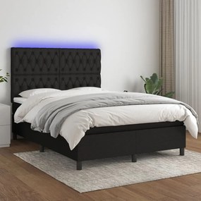 Cama box spring c/ colchão e LED 140x190 cm tecido preto