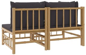 2pcs conj. lounge de jardim bambu c/ almofadões cinzento-escuro