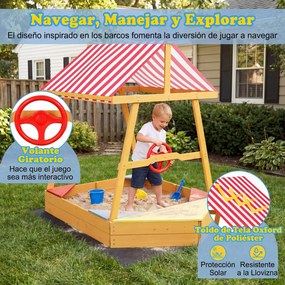 Caixa de areia infantil em madeira de abeto 135 x 103 x 140 cm, em forma de barco, com toldo em poliéster, volante giratório, 4 assentos e tapete, Ver