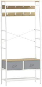 HOMCOM Móvel Cabide de Entrada com Banco Sapateira 8 Ganchos 2 Gavetas de Tecido Barra Prateleira 80x30x180,5 cm Branco e Madeira