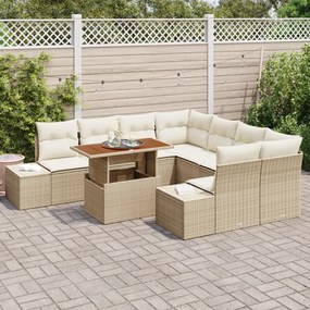 Conjunto de Sofá de Jardim de 9 Peças com Almofadas Bege Vime Sintétic
