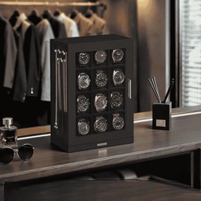 Caixa para relógios com 12 compartimentos e janelas de vidro 15,2 x 23,4 x 33,5 cm, giratória em 360°, preta