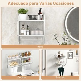 Toalheiro de parede 45 x 26 x 55 cm (C x L x A) com barra e 2 prateleiras para Casa de Banho Branco