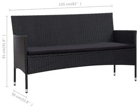 4 pcs conjunto lounge de jardim c/ almofadões vime PE preto