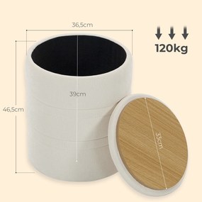 Pufe com espaço de arrumação em chenille e tampa Ø 36,5 x 46,5H cm, banco redondo para a sala e o quarto, bege