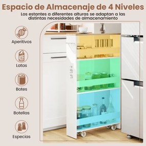 Carrinho cozinha estreito 47,5 x 13 x 80,5 cm com estação de carregamento de 4 níveis com rodas bloqueáveis Branco + Natural