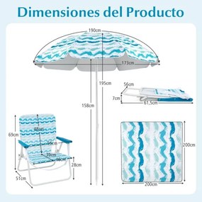Conjunto de guarda-sol de praia com 2 cadeiras dobráveis e manta de piquenique para exterior com mecanismo de inclinação Azul