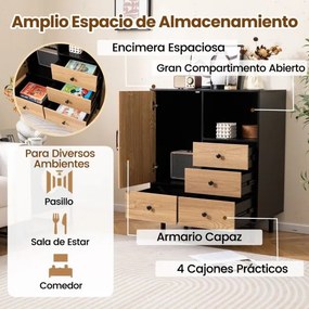 Armário com 4 gavetas e compartimento aberto, com pés de metal 80 x 45,5 x 97,5 cm Preto
