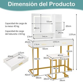 Conjunto de Toucador com Espelho Grande Mesa de Maquilhagem com Banco Acolchoado Luzes LED 2 Gavetas Estantes Pernas de Aço Branco