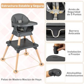 Cadeira de refeição evolutiva 9 em 1 com tabuleiro removível e lavável na máquina de lavar louça, pernas em madeira maciça, cinto de 5 pontos e almofa