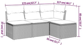 4 pcs conjunto sofás de jardim c/ almofadões vime PE cinzento