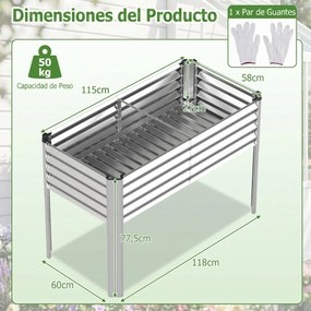 Floreira elevada de jardim 118 x 60 x 77,5 cm com Estrutura em metal galvanizado, pés elevados, sistema de drenagem e base alta para terraço ou pátio