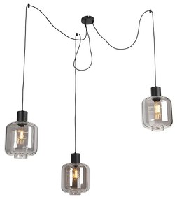 Candeeiro de suspensão design preto com vidro fumê 3-luzes 226 cm - Qara