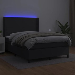 Cama box spring c/ colchão/LED 140x200cm couro artificial preto