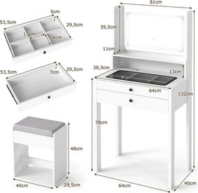 Toucador com espelho e iluminação Mesa de maquilhagem com tomadas elétricas 3 modos de iluminação e banco acolchoado branco