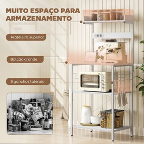 Armário de Cozinha com 2 Tomadas Prateleira para Micro-ondas Prateleira Ajustável Ganchos 60x42x137 cm Branco