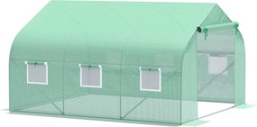 Estufa tipo túnel para jardim, 10,5 m², dimensões: 3,5 m (L) x 3 m (C) x 2 m (A), porta + 6 janelas enroláveis, aço galvanizado, lona de PE de alta de