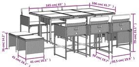 11 pcs conjunto de jantar p/ jardim com almofadões vime PE bege