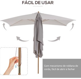 Chapéu de Sol de Jardim com Sistema de Poli Teto Ventilado e Mastro de Madeira para Exterior 2,95x2x2,55m Cinzento