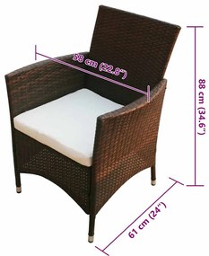7 pcs conjunto jantar exterior com almofadões vime PE castanho