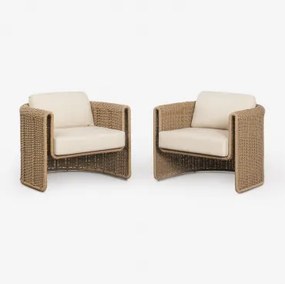 Pack De 2 Poltronas De Jardim Em Aço E Rattan Sintético Lina Tecido Gardénia Branco - Sklum