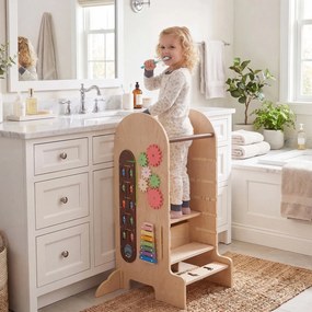 Torre de Aprendizagem Montessori 4 em 1, 72,5 x 59,5 x 90 cm, Altura Regulável, Natural