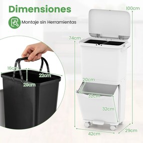 Caixote do lixo de 36 L com 2 cubos e autocolantes para classificação do lixo Contentor de resíduos com rodas universais Branco