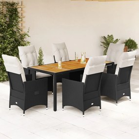 7 pcs conjunto de jantar p/ jardim c/ almofadões vime PE preto