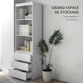 Estante com 180 cm de altura, com 3 prateleiras e 3 gavetas, 60 x 35 x 180 cm, em madeira branca