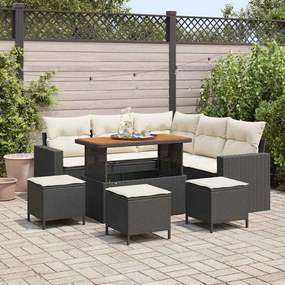 Conjunto de Sofá de Jardim de 9 Peças com Almofadas Preto Rattan Poliéster Acácia