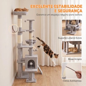 Árvore Arranhadora para Gatos 152 cm Multinível com Casinha Rede Cama Escada Arranhadora 4 Postes de Sisal e Bolas Cinza Claro