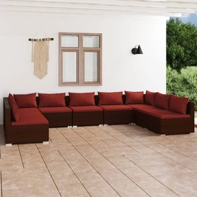vidaXL 9 pcs conjunto lounge jardim c/ almofadões vime PE castanho