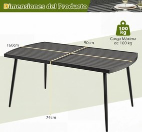 Mesa de jantar jardim retangular (CADEIRAS NÃO INCLUIDAS) 160 x 90 cm com orifício para guarda-sol de 4 cm, tampo com ripas metálicas, para pátio ou j