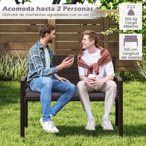 Banco jardim de vime para 2 pessoas 10 x 56 x 84 cm com almofada acolchoada, assento macio, encosto e apoios para os braços - castanho e cinzenta