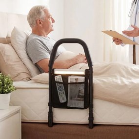 Barreira de cama para idosos 61 x 28 x 52,5 cm com pega de segurança, luz com sensor de movimento e bolso; barreira anti-queda preta