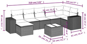 8 pcs conjunto sofás de jardim c/ almofadões vime PE cinzento