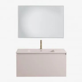Conjunto De Móvel De Casa De Banho Suspenso Em Madeira Com Lavatório Integrado Macrae Crema Linho & Led Retangular E Anti-embaciamento 100x70 Cm Riben