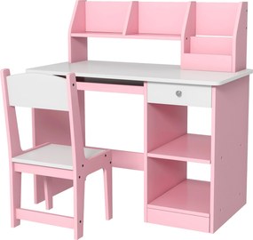 Secretária infantil com cadeira ergonómica, tabuleiro deslizante para teclado, gavetas, compartimentos abertos e prateleiras abertas, 90 x 45 x 90 cm,