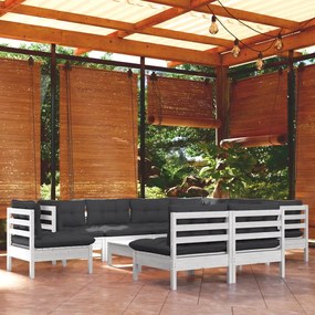 10 pcs conj. lounge de jardim c/ almofadões pinho maciço branco